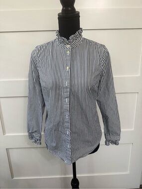 JCrew Women’s Navy and White Stripe Button-Down Shirt with ruffled collar/sleeve